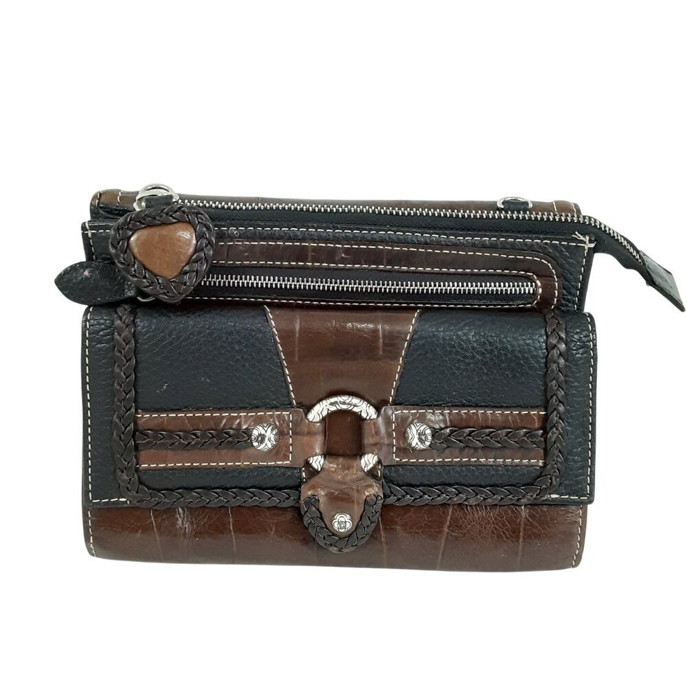Brighton Clutch Handbag Black Leather Wallet Croco Embossed Travel Equestrian